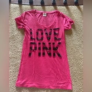 PINK Victoria's Secret Hot Pink 'LOVE PINK' Sequin Logo Tee